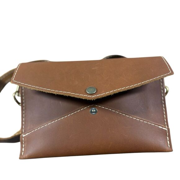 Portland Leather Works Purse Womens Brown Small Stitched Envelope Crossbody New - Picture 11 of 14